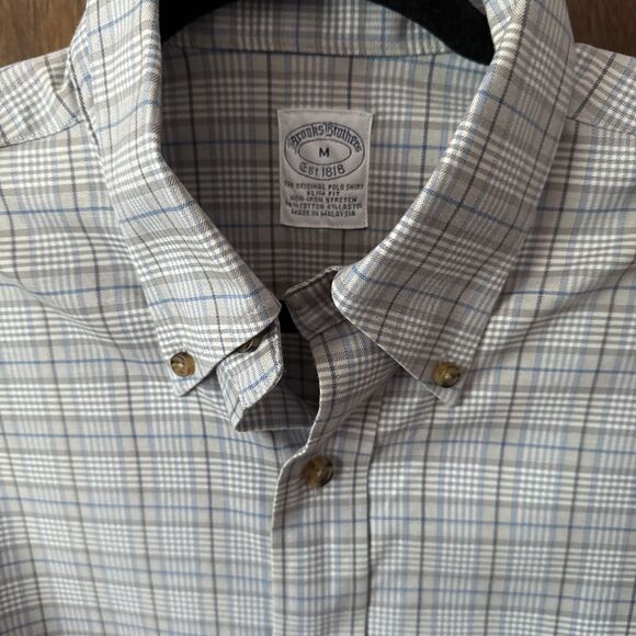 Brooks Brothers Shirt Mens M Slim Fit Non-Iron Stretch Button Down Gray/BluPlaid - Picture 3 of 5
